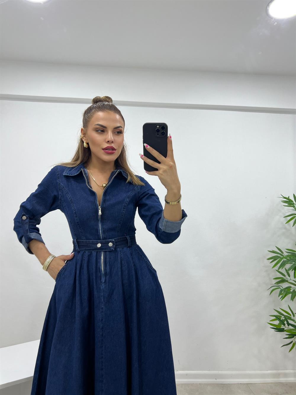 Laci̇vert Polo Yaka Asi̇metri̇k Kesi̇m Deni̇m Elbi̇se