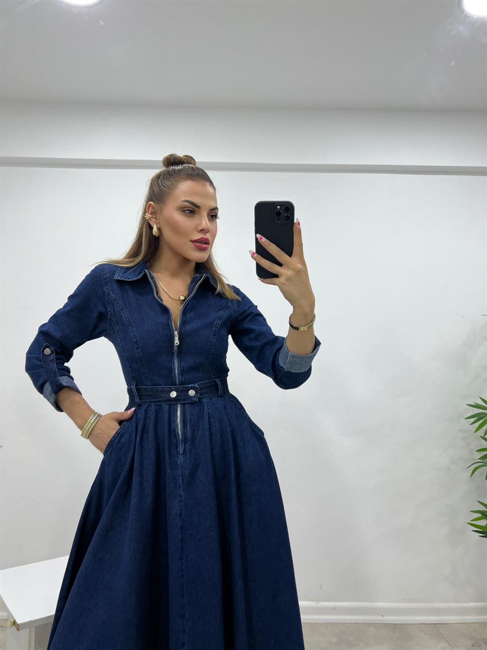 Laci̇vert Polo Yaka Asi̇metri̇k Kesi̇m Deni̇m Elbi̇se