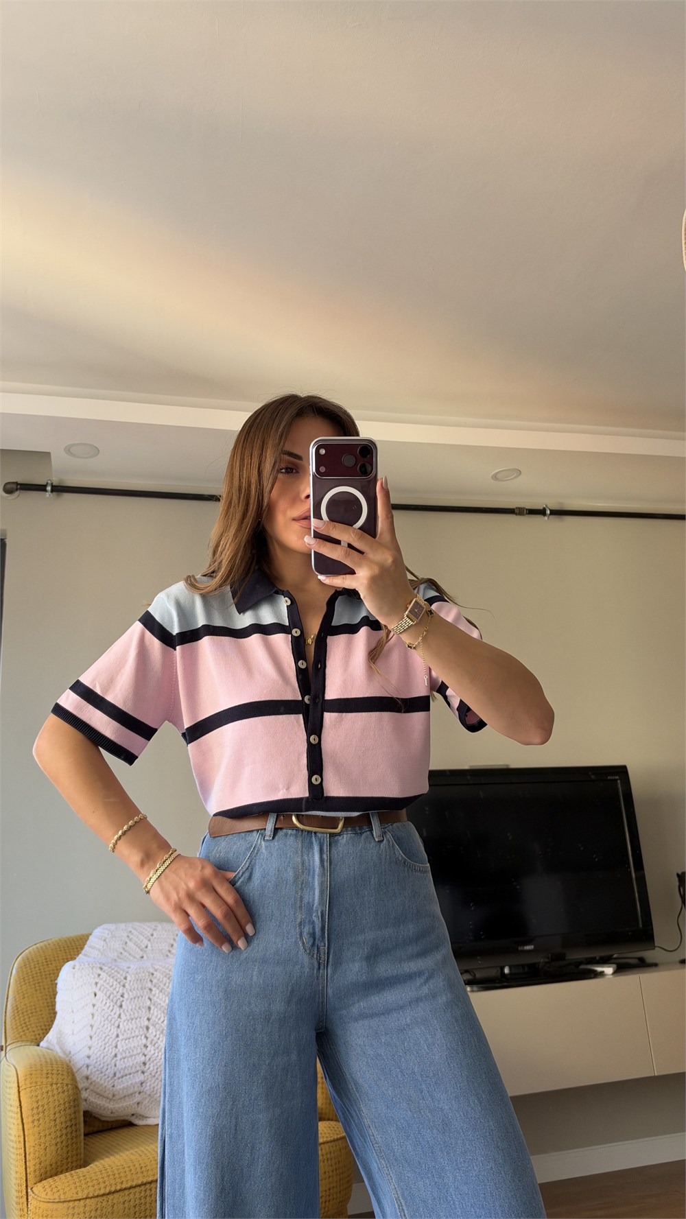 Lacivert Renk Bloklu Polo Yaka Triko Bluz