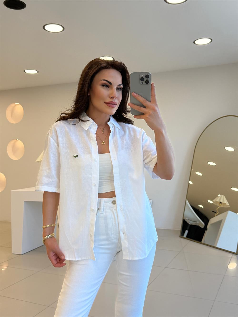 LCS KISA KOL KETEN GÖMLEK BEYAZ