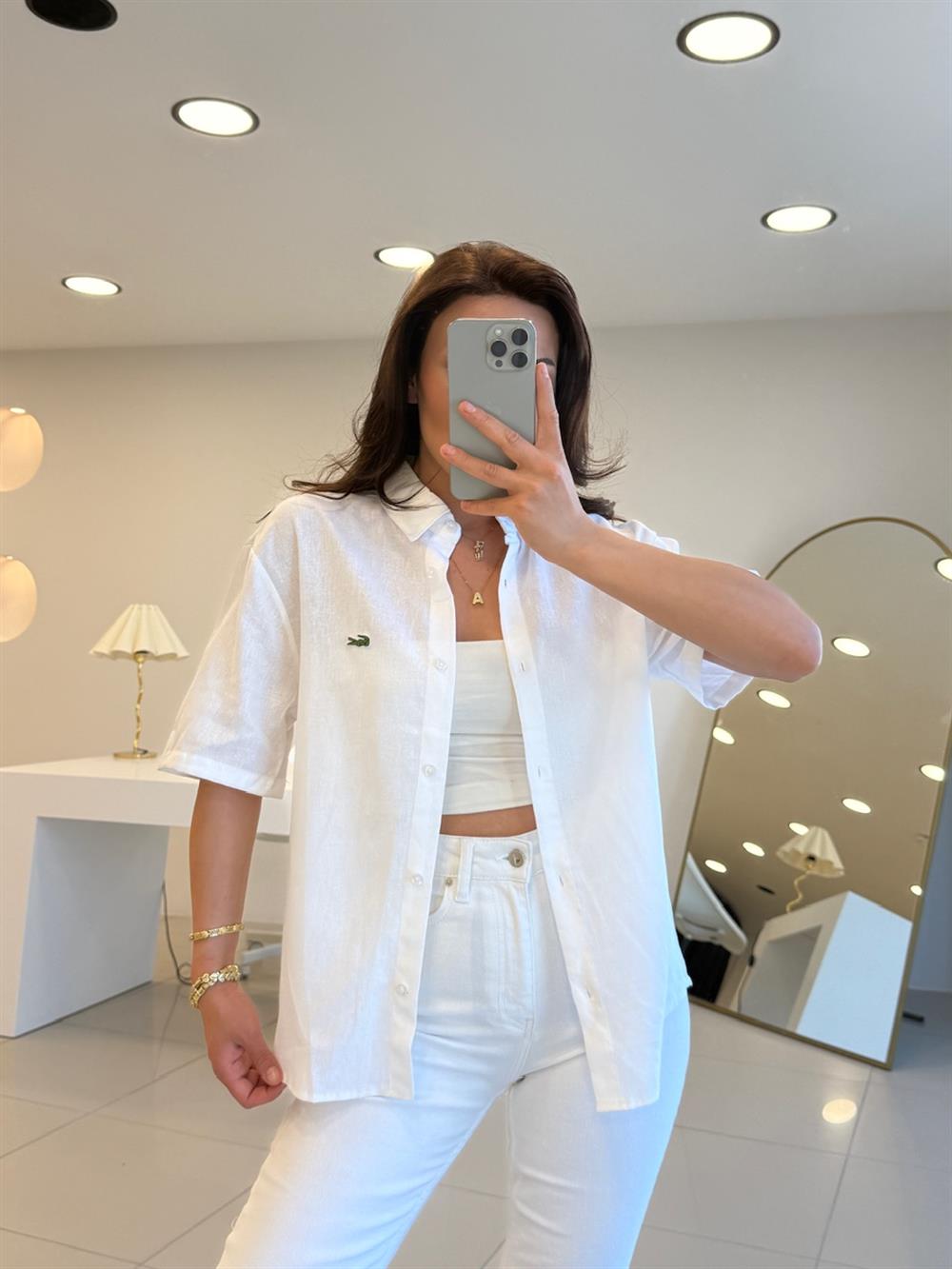 LCS KISA KOL KETEN GÖMLEK BEYAZ