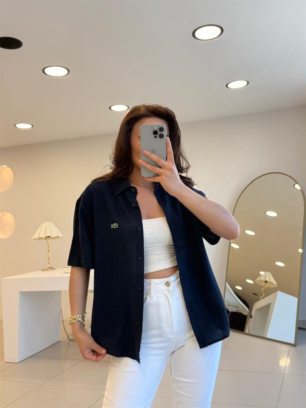 LCS KISA KOL KETEN GÖMLEK LACİVERT