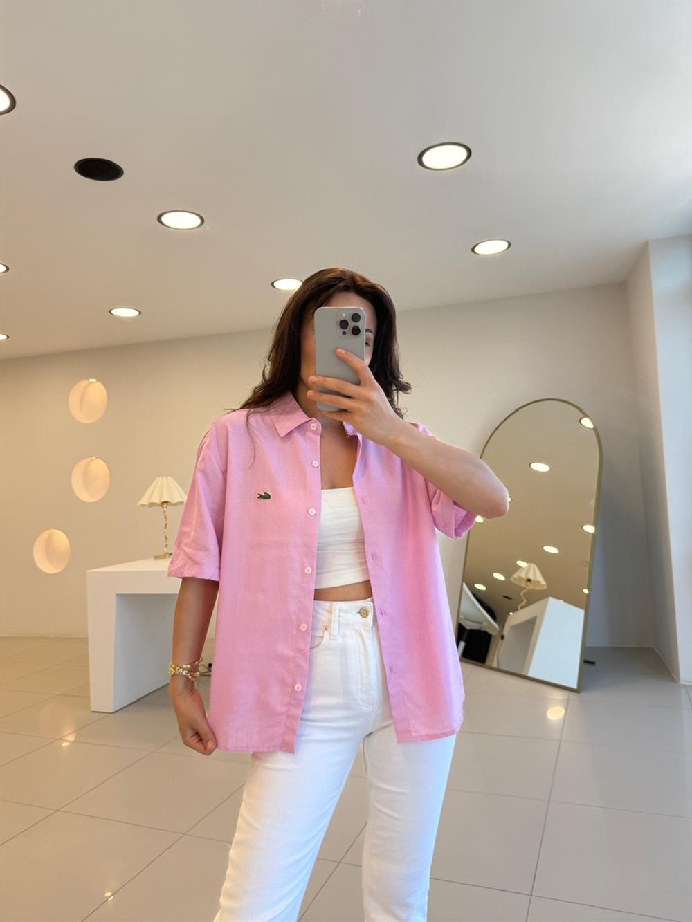 LCS KISA KOL KETEN GÖMLEK PEMBE