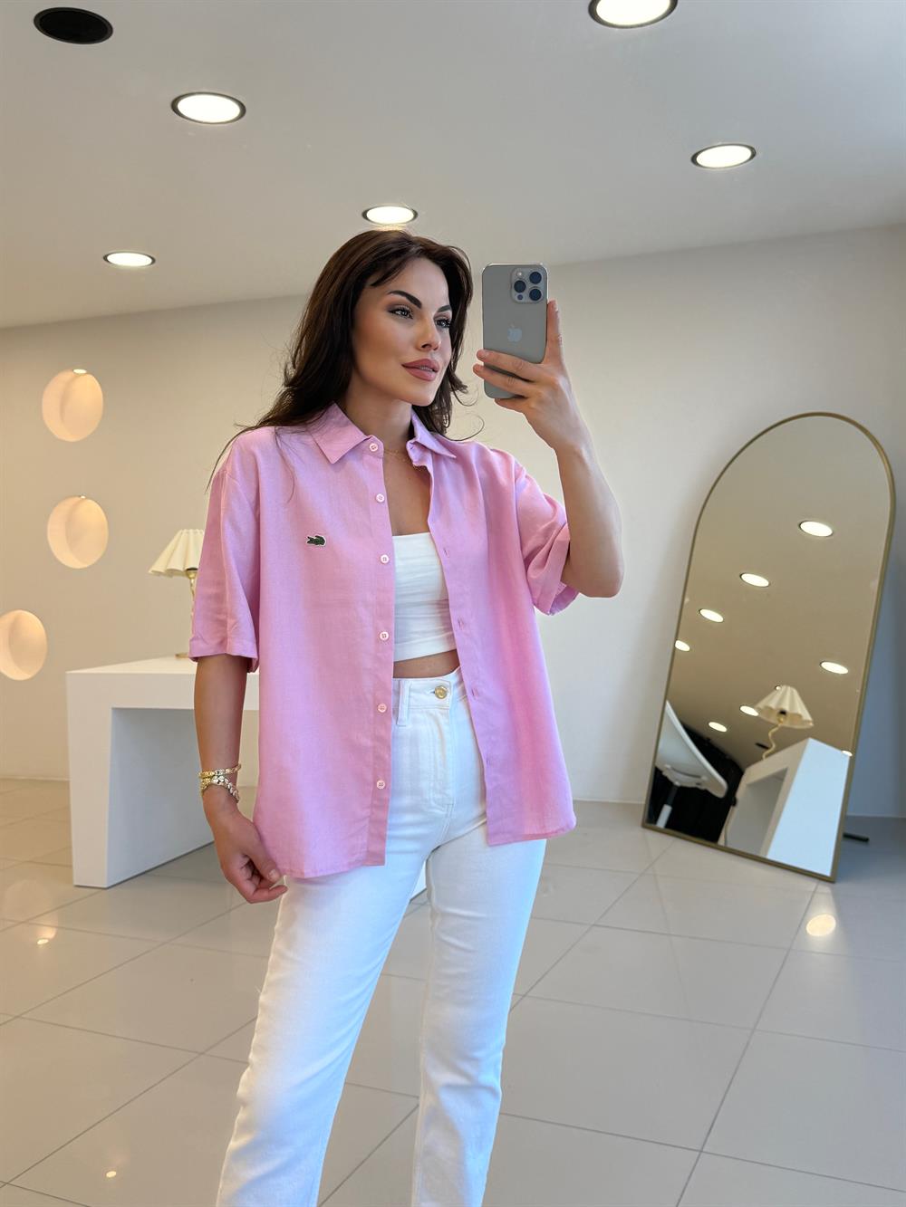 LCS KISA KOL KETEN GÖMLEK PEMBE