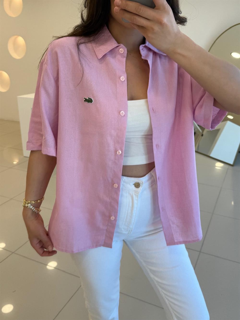 LCS KISA KOL KETEN GÖMLEK PEMBE