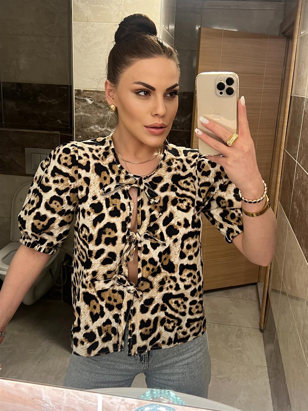 Leopar Bağlamali Gömlek Bluz