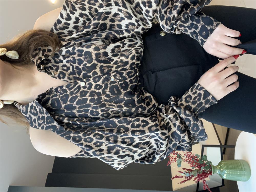 Leopar Omuz Dekolteli̇ Saten Bluz