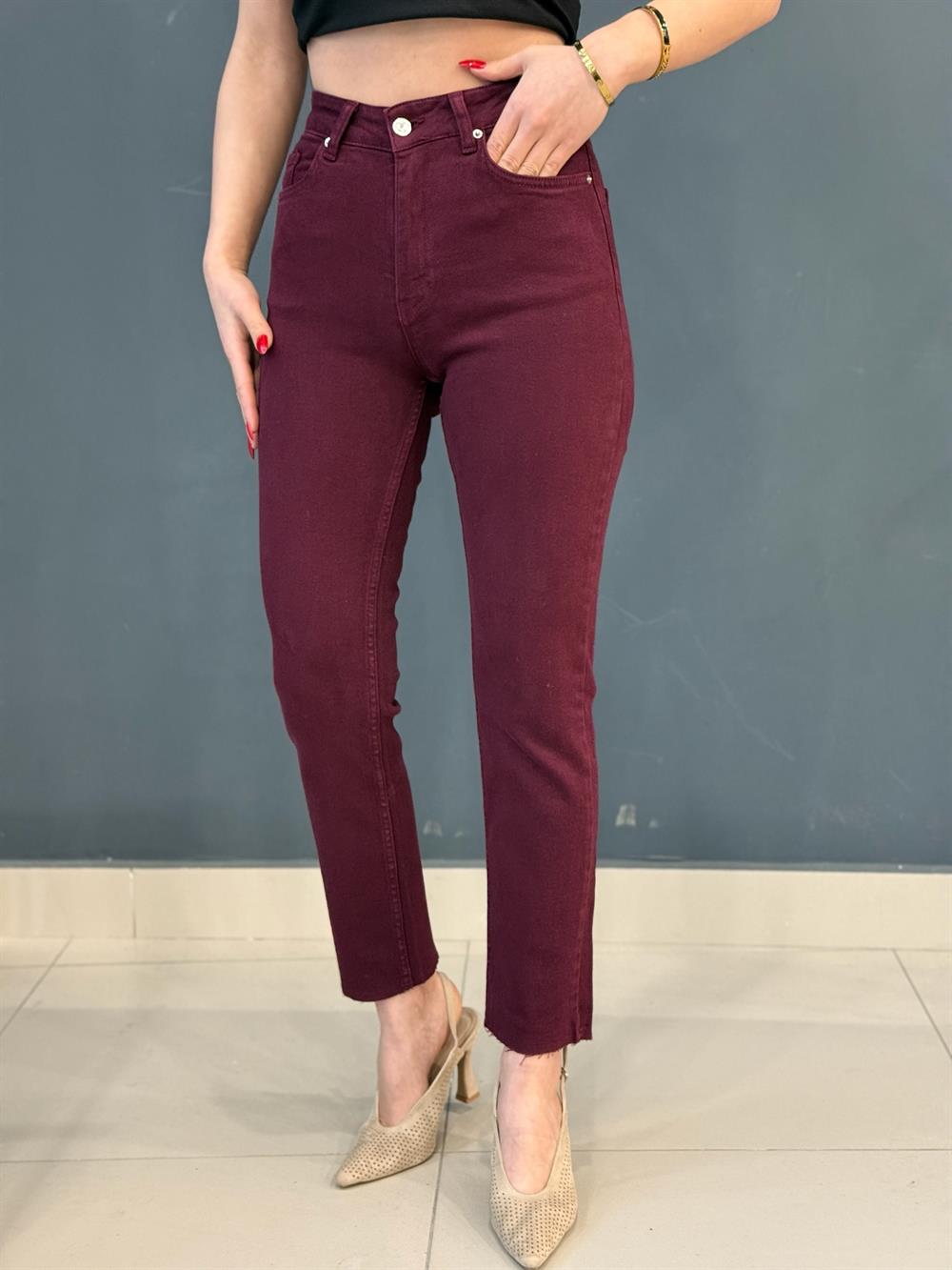 Bordo Likralı Mom Jean