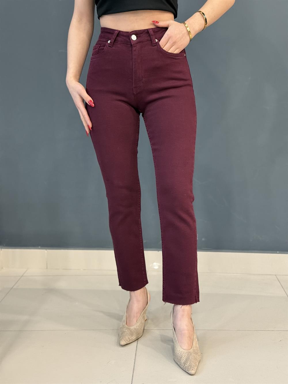 Bordo Likralı Mom Jean