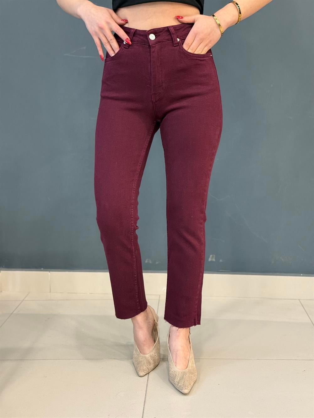Bordo Likralı Mom Jean