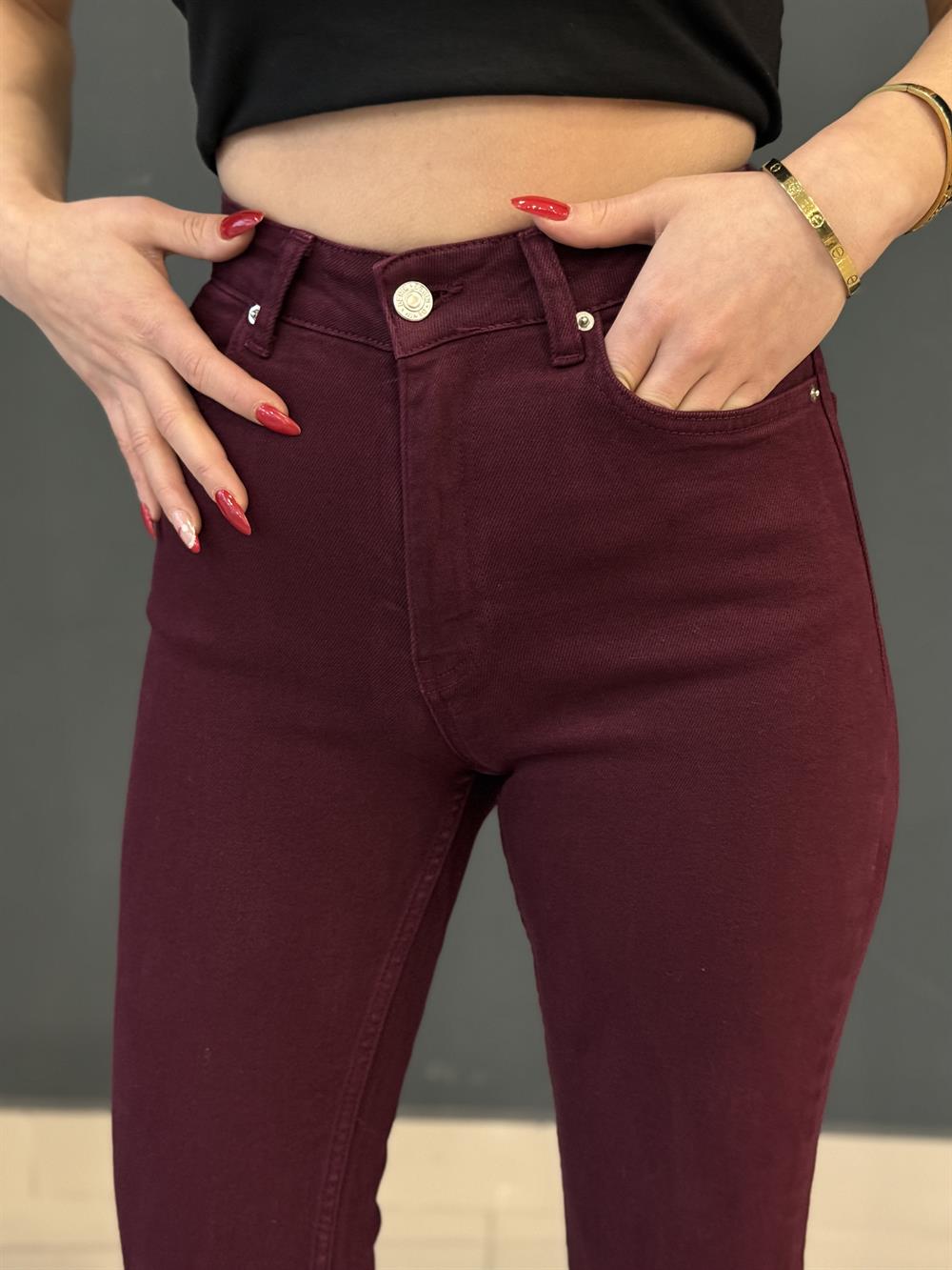 Bordo Likralı Mom Jean