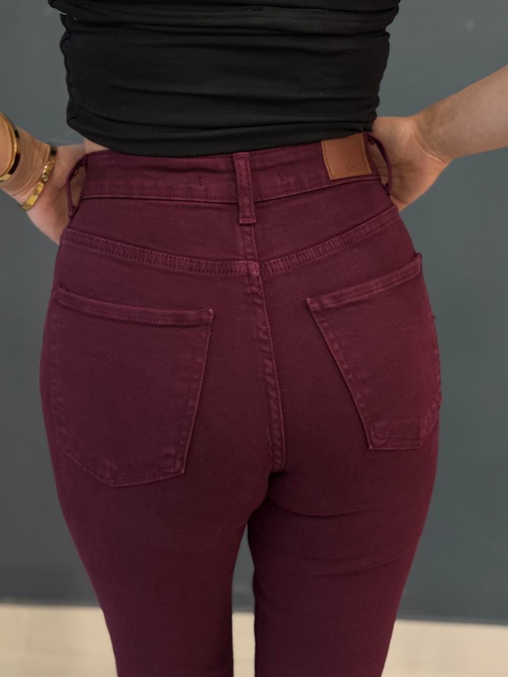 Bordo Likralı Mom Jean