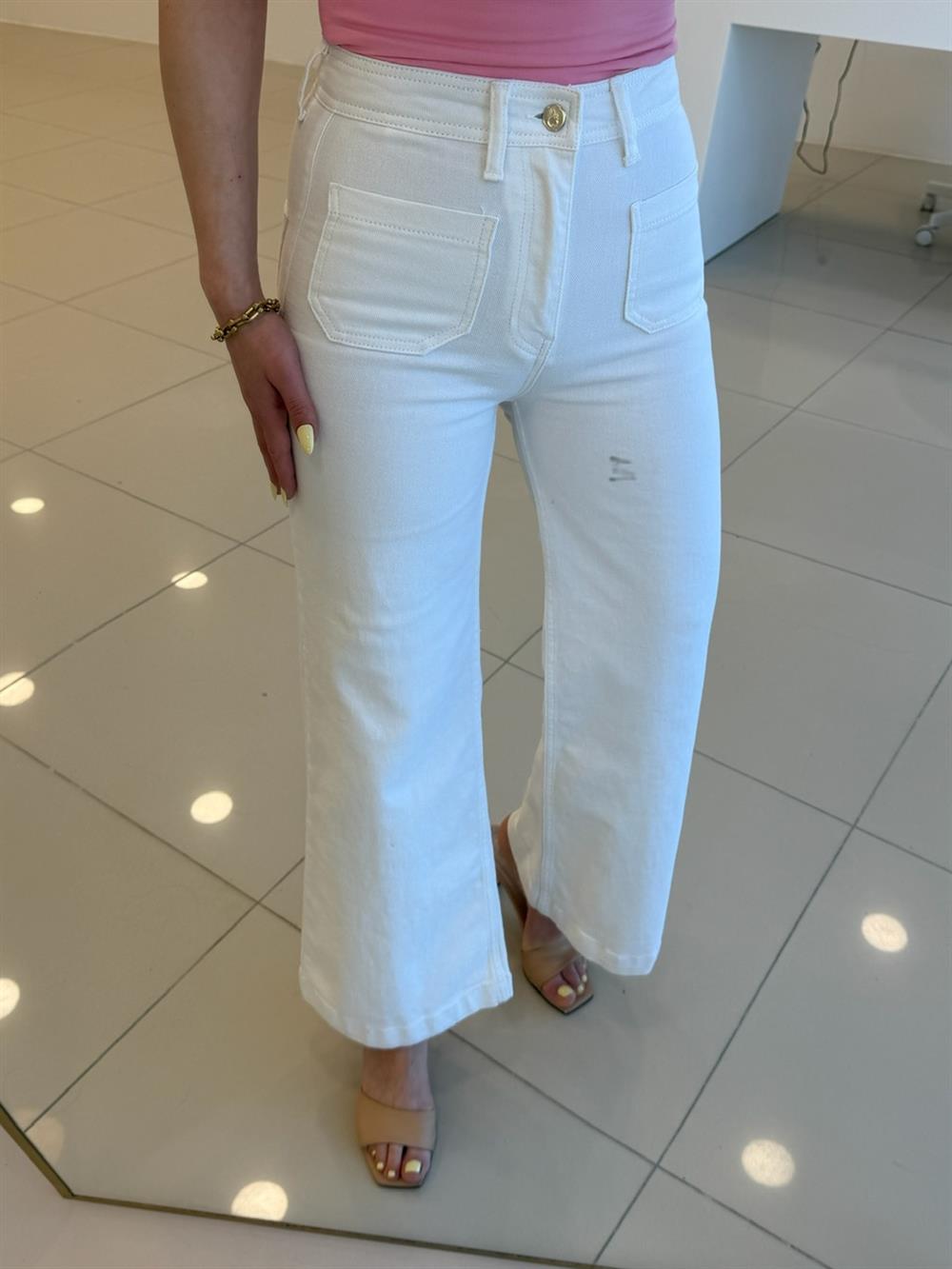 LİKRALI ÖNLERİ CEPLİ BOL PAÇA  JEAN BEYAZ