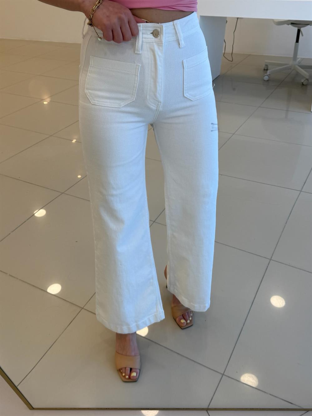 LİKRALI ÖNLERİ CEPLİ BOL PAÇA  JEAN BEYAZ