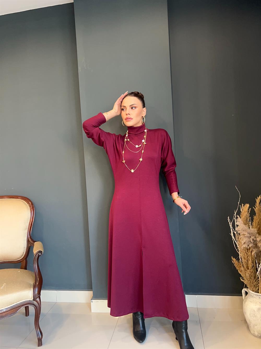 Lüks Kali̇te Modal Kumaş Bordo Di̇k Yaka Elbi̇se