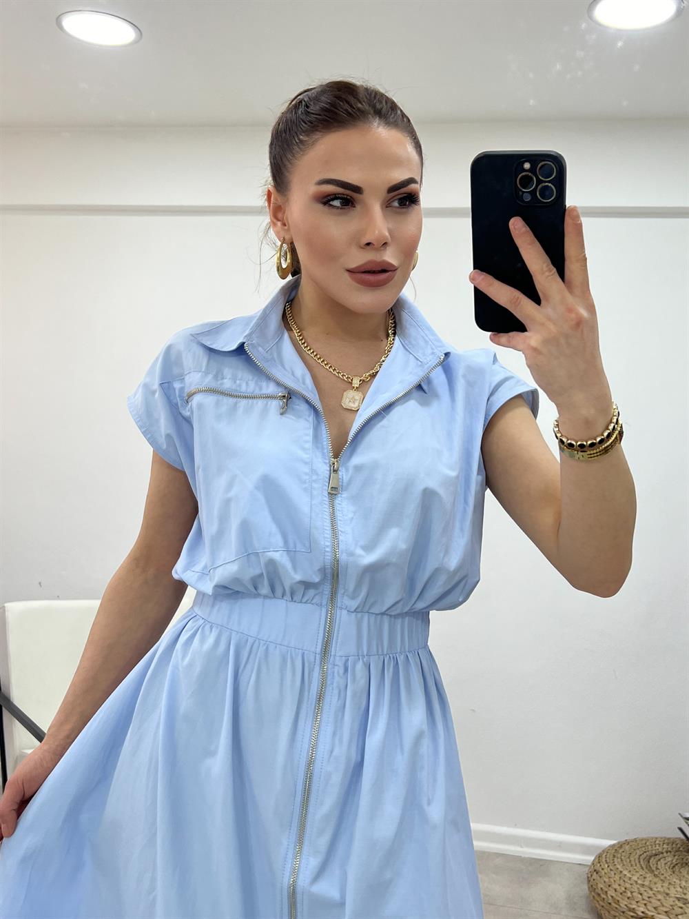 Fermuar Detaylı Gabardi̇n Elbi̇se Mavi̇
