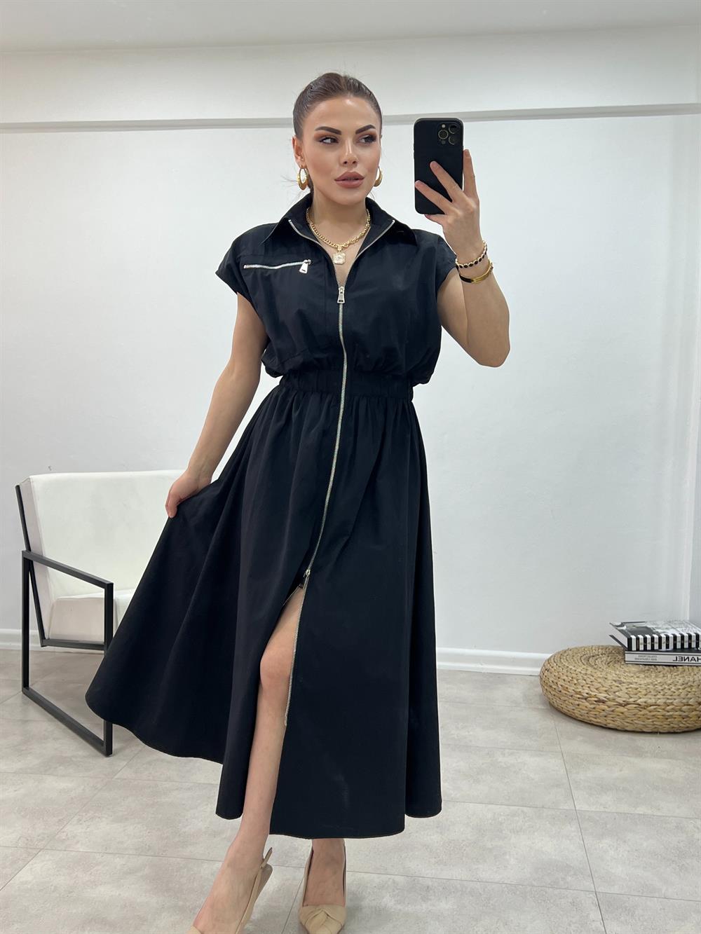 Fermuar Detaylı Gabardi̇n Elbi̇se Si̇yah