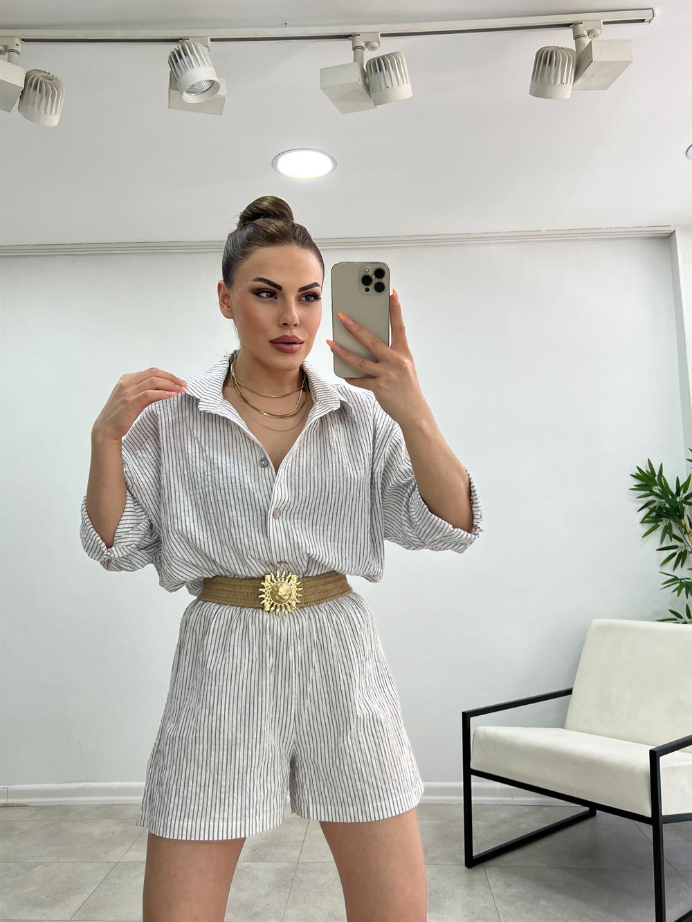 Mavi̇ Çi̇zgi̇li̇ Keten Kemerli̇ Takim