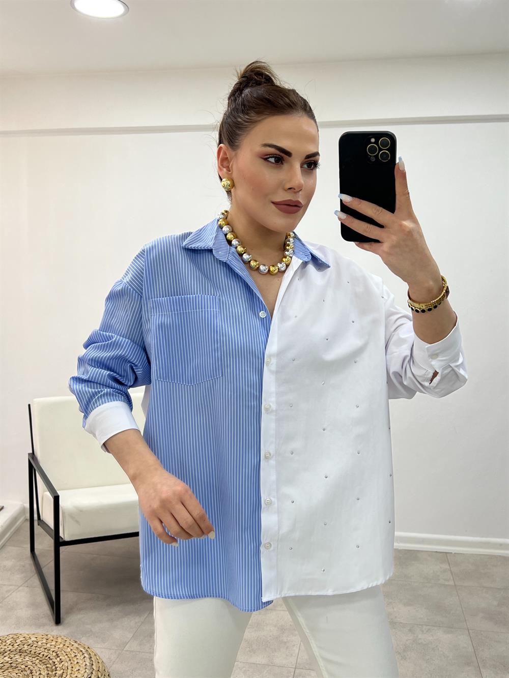 Mavi̇ Çi̇zgi̇li̇ Taş İşlemeli̇ Twi̇st Model Gömlek