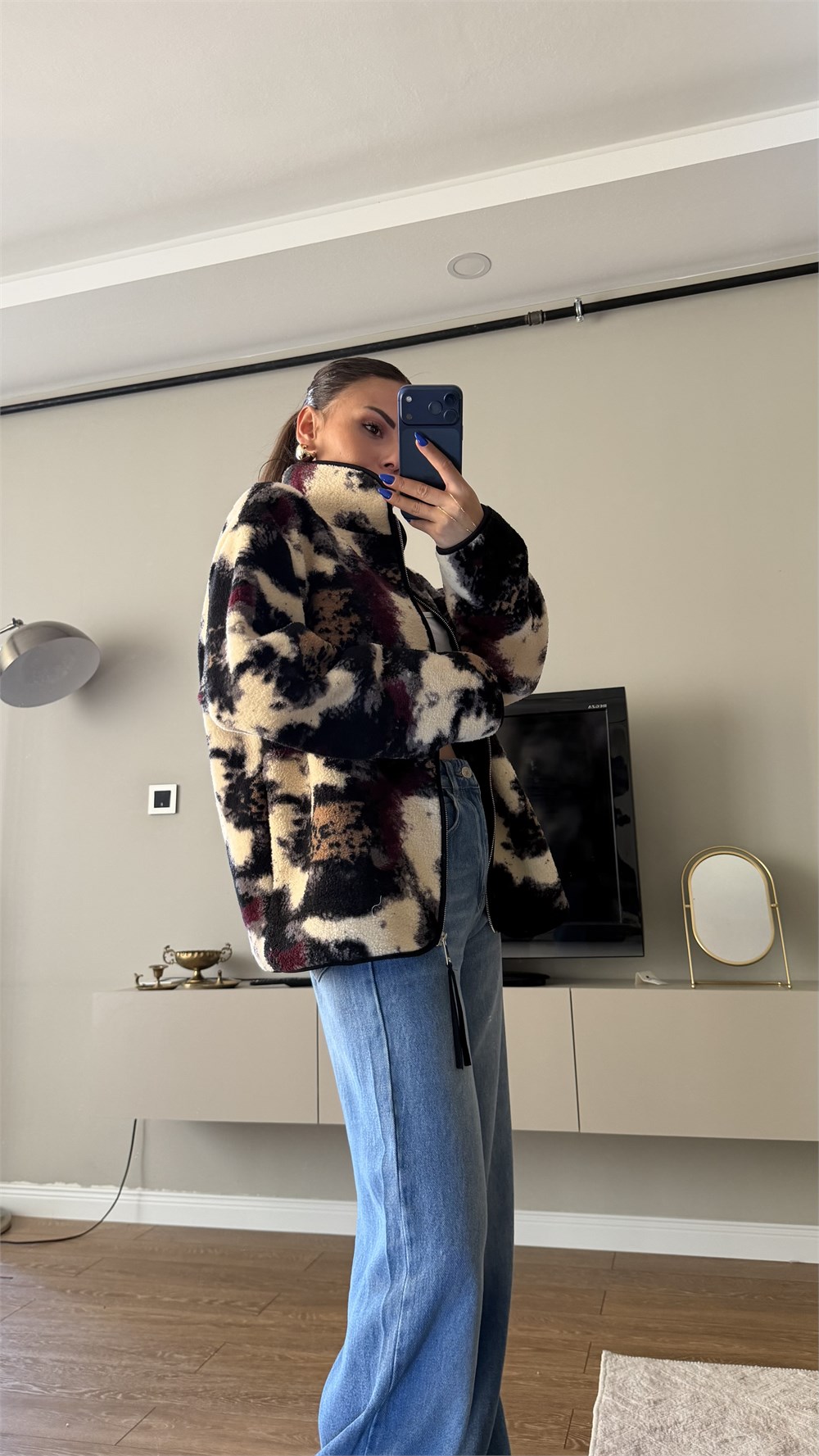 Bordo Desenli Fermuarlı Peluş Kahve
