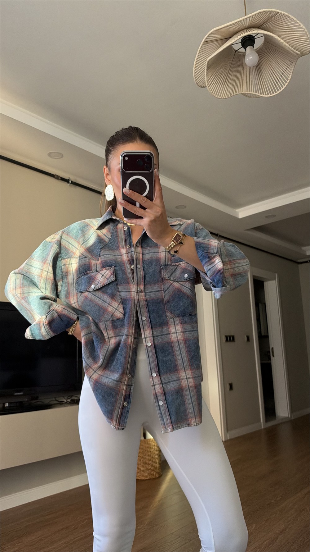 Mavi Ekose Desenli Oversize Oduncu Gömlek
