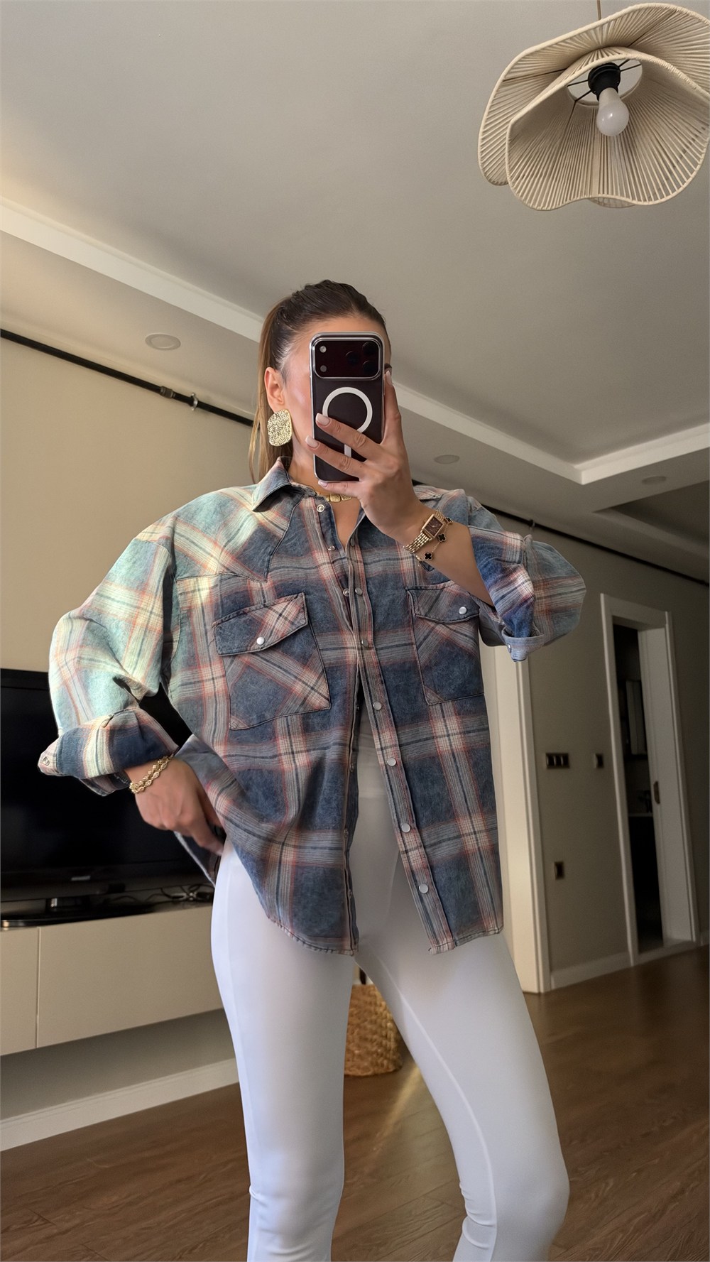 Mavi Ekose Desenli Oversize Oduncu Gömlek