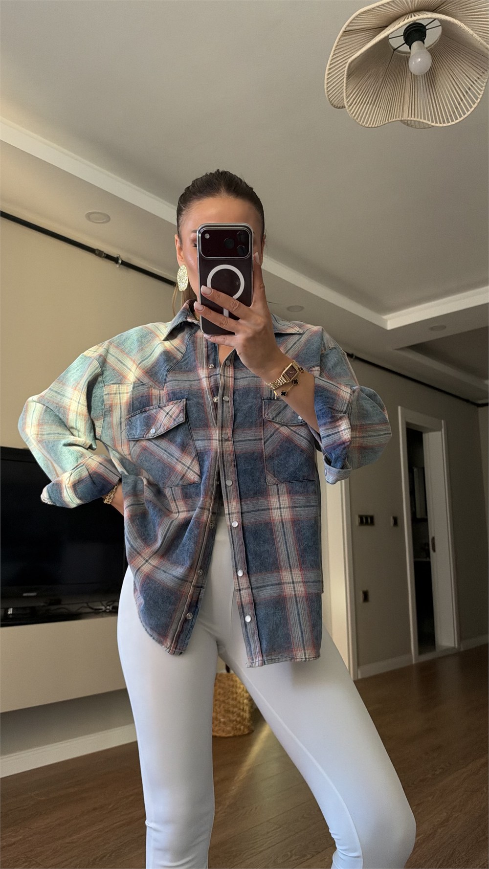 Mavi Ekose Desenli Oversize Oduncu Gömlek