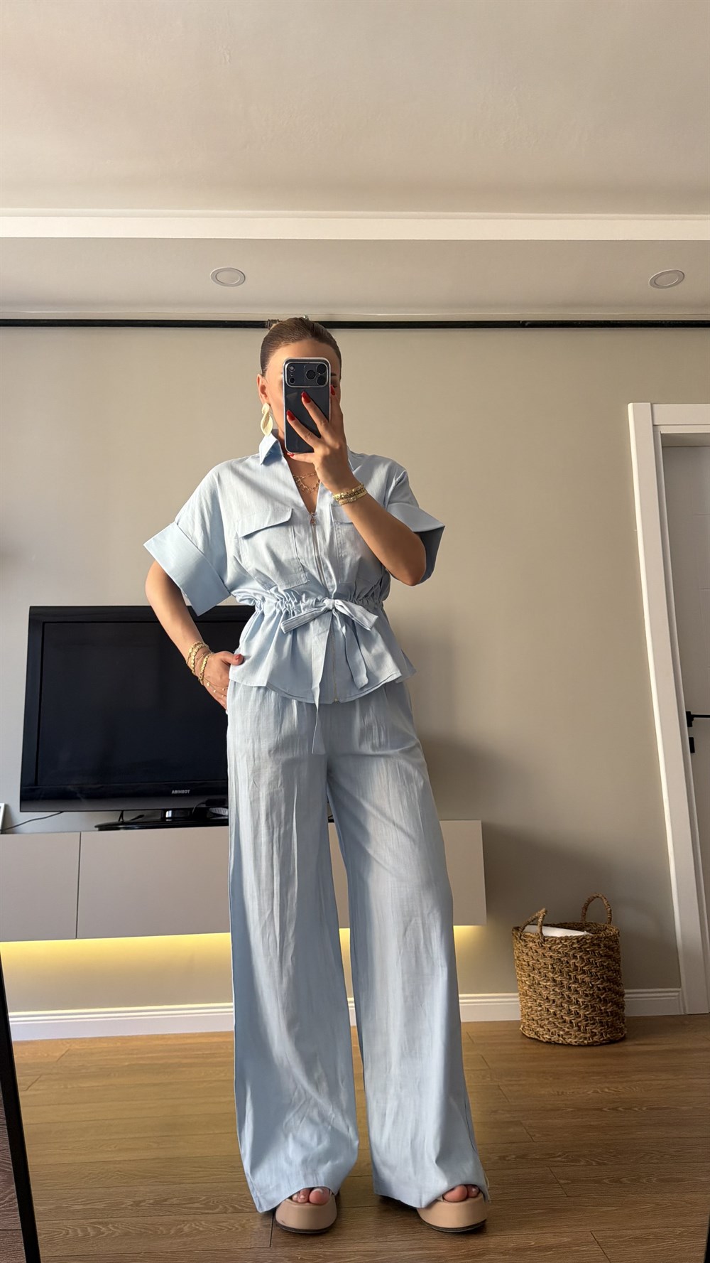 Mavi Keten Bel Bağlamalı İkili Takım