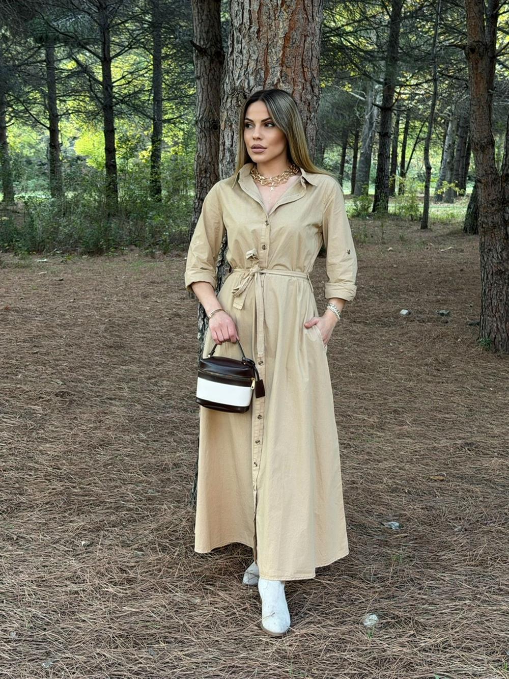 MAX BOY  KUŞAKLI UZUN ELBİSE