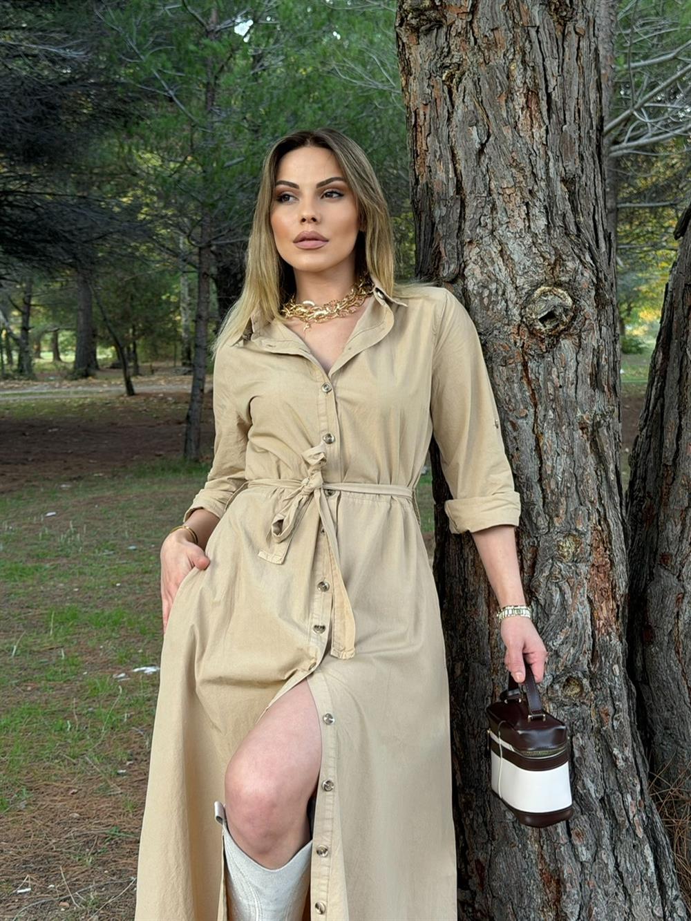 MAX BOY  KUŞAKLI UZUN ELBİSE