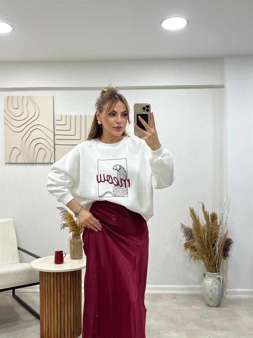 Meow Bordo Yazili Sweat