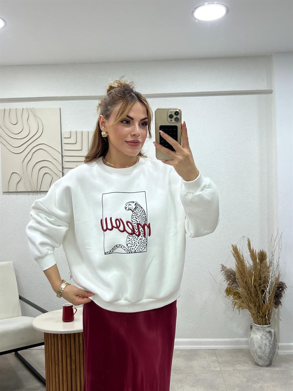 Meow Bordo Yazili Sweat