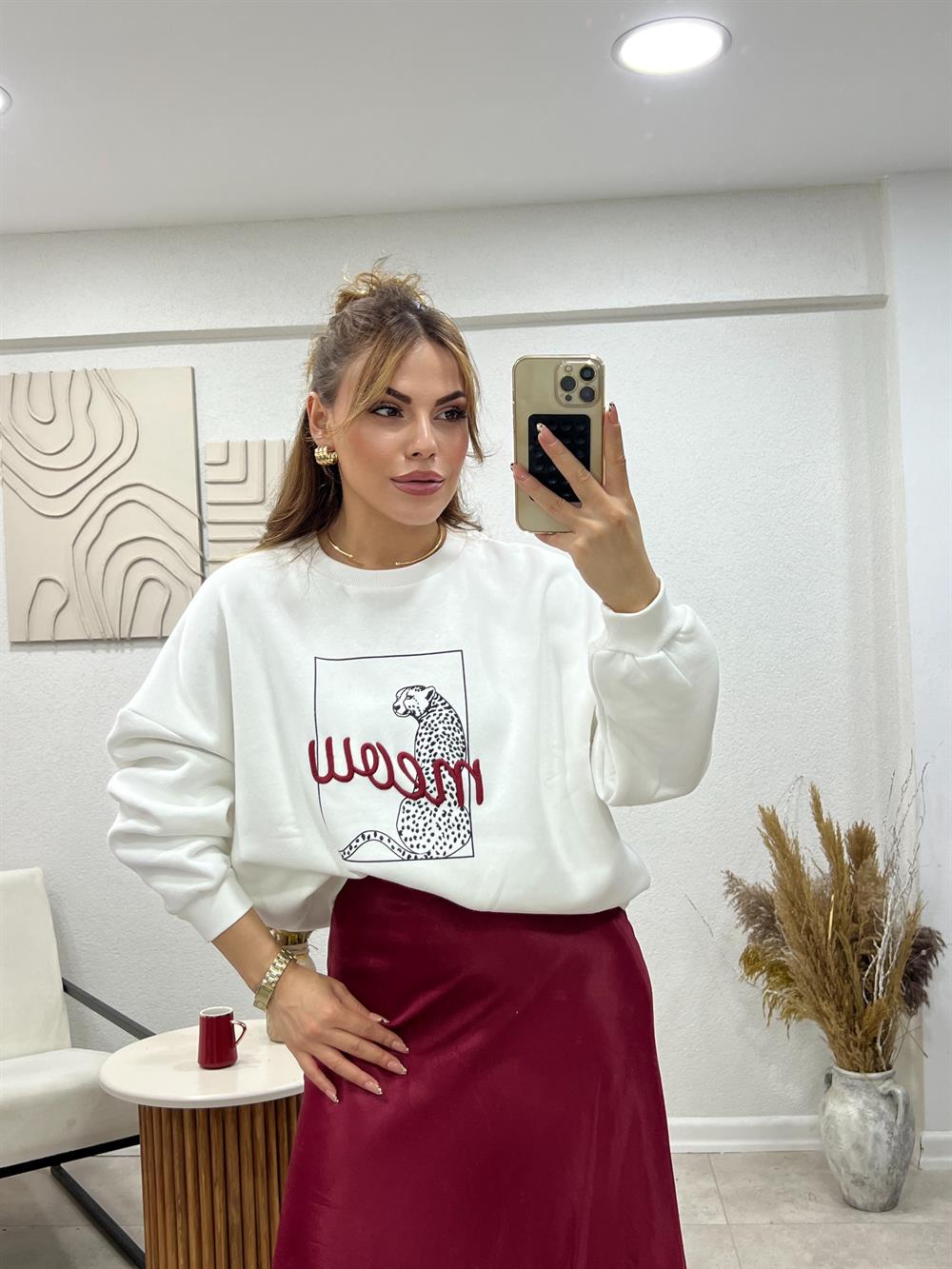 Meow Bordo Yazili Sweat