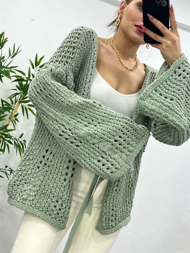 Mi̇nt Yeşi̇li̇ Kuşakli Örgülü Hirka