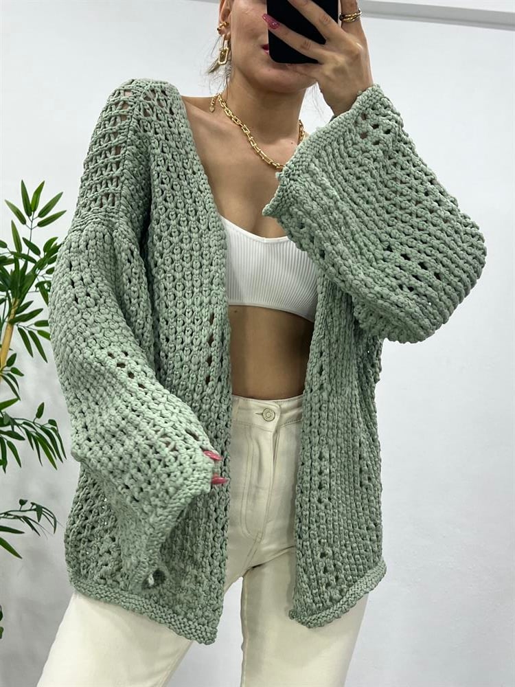 Mi̇nt Yeşi̇li̇ Kuşakli Örgülü Hirka