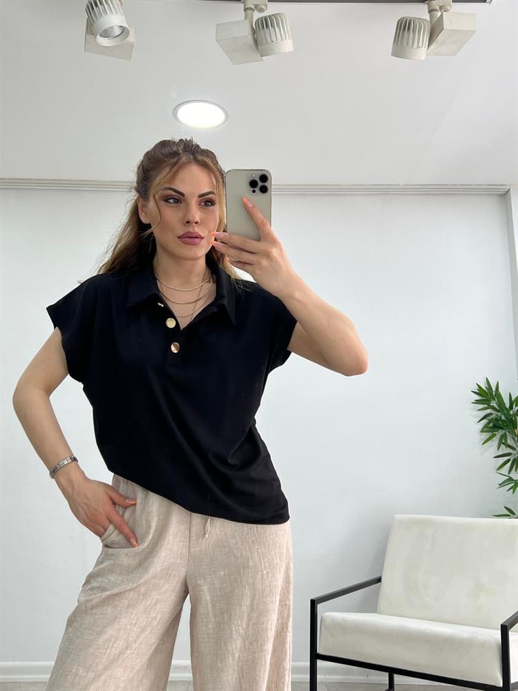 Modal Kumaş Gold Düğmeli̇ Tshi̇rt Si̇yah
