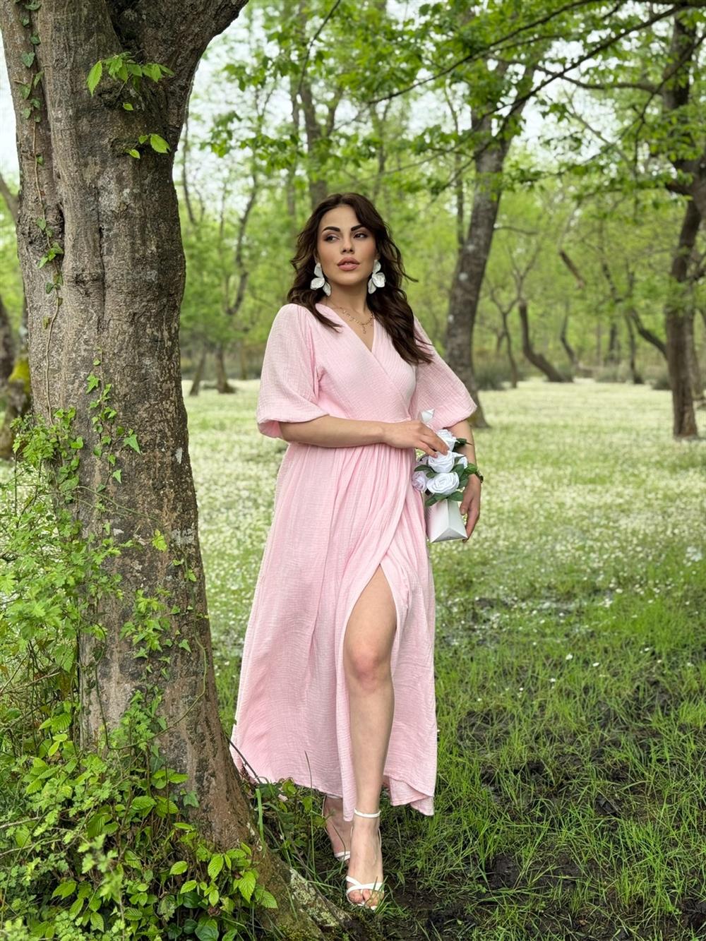 MÜSLİN KETEN UZUN ELBİSE PEMBE