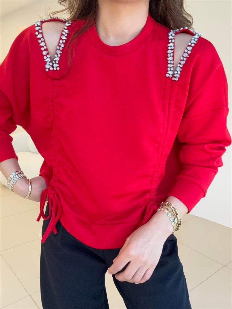 OMUZ DEKOLTELİ VE TAŞ DETAYLI SWEAT KIRMIZI