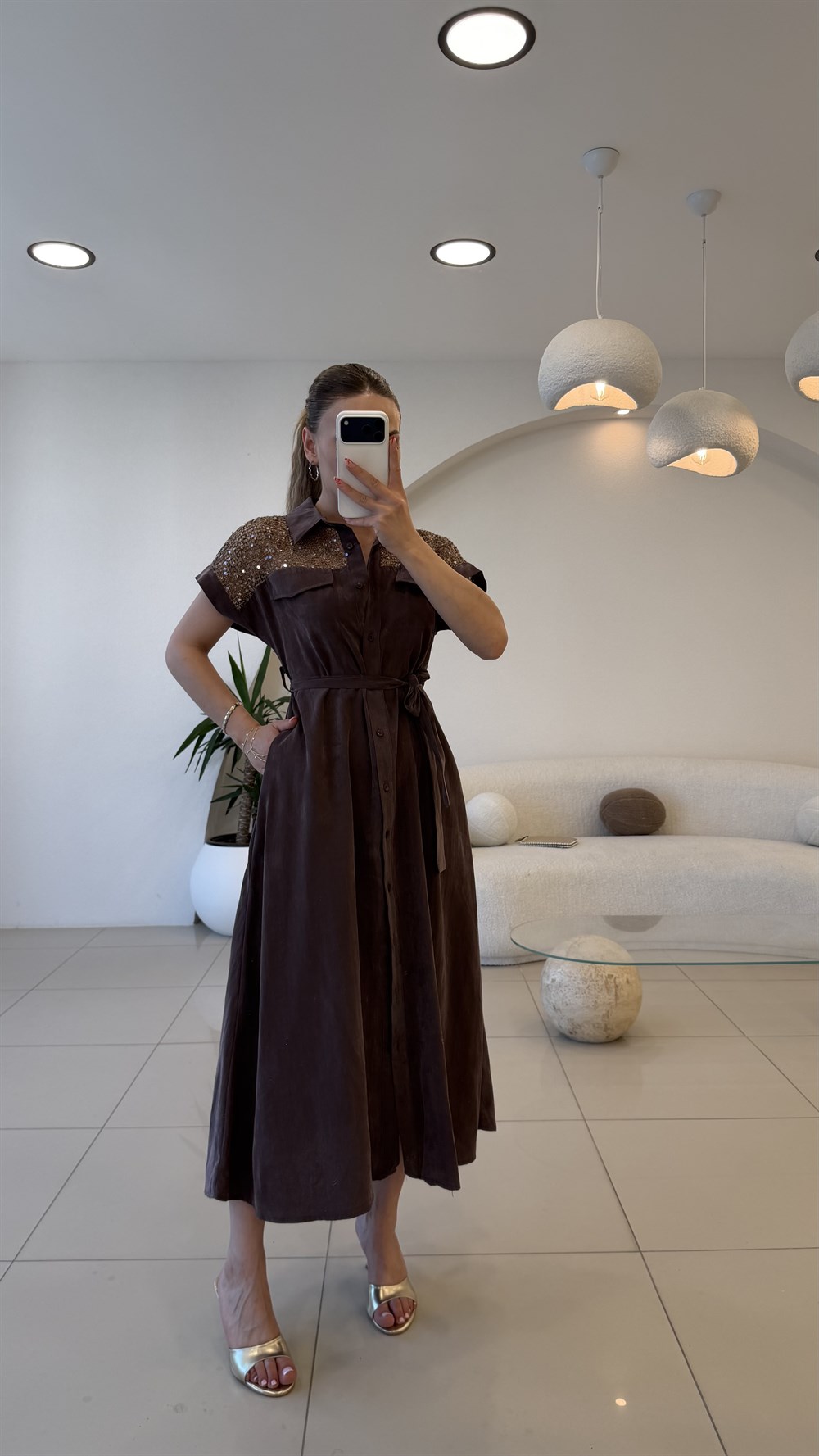 OMUZ FİLE DETAYLI GÖMLEK ELBİSE MÜRDÜM