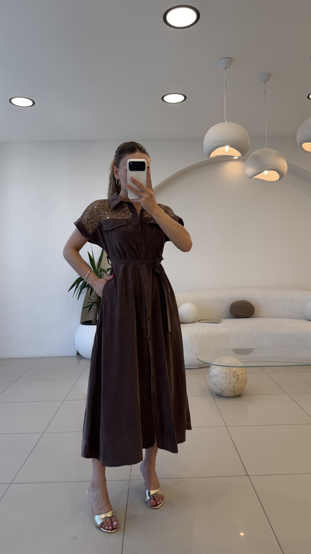 OMUZ FİLE DETAYLI GÖMLEK ELBİSE MÜRDÜM
