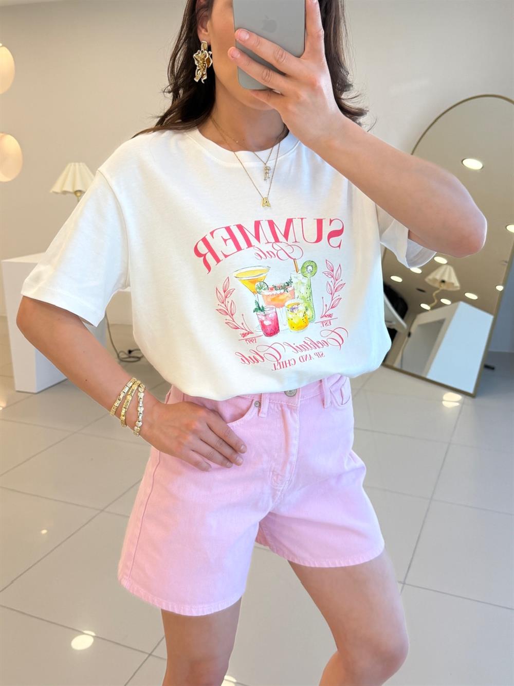 ÖNÜ BASKILI SUMMER TSHIRT BEYAZ