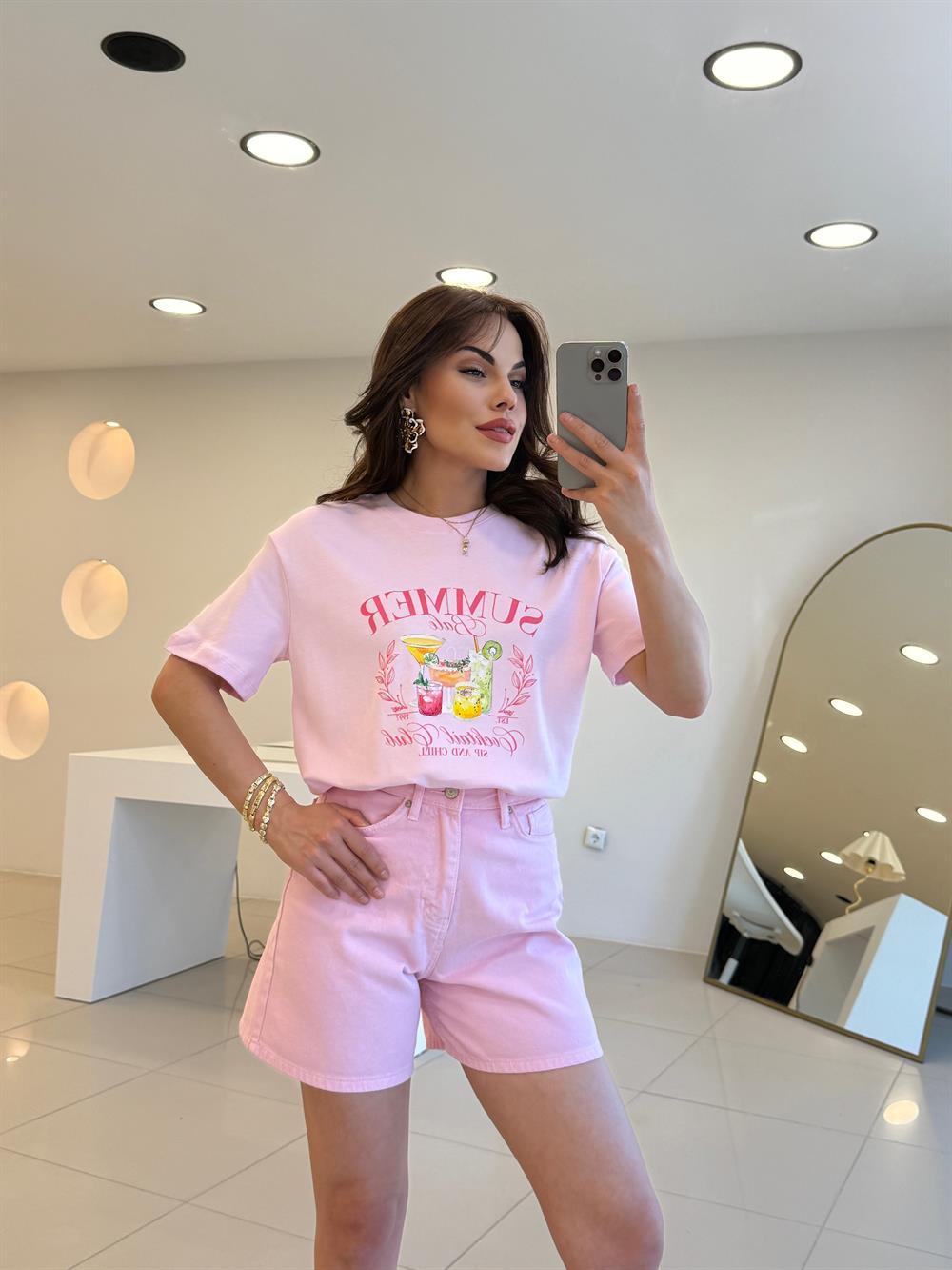 ÖNÜ BASKILI SUMMER TSHIRT PEMBE