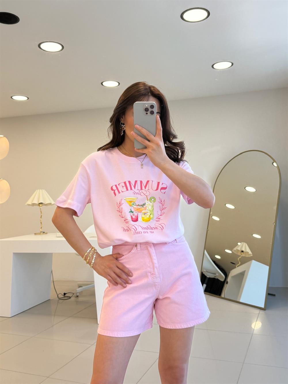 ÖNÜ BASKILI SUMMER TSHIRT PEMBE