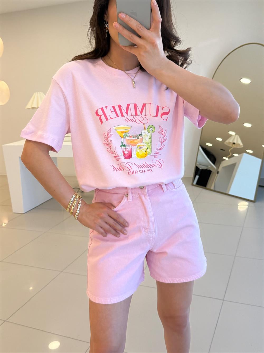 ÖNÜ BASKILI SUMMER TSHIRT PEMBE