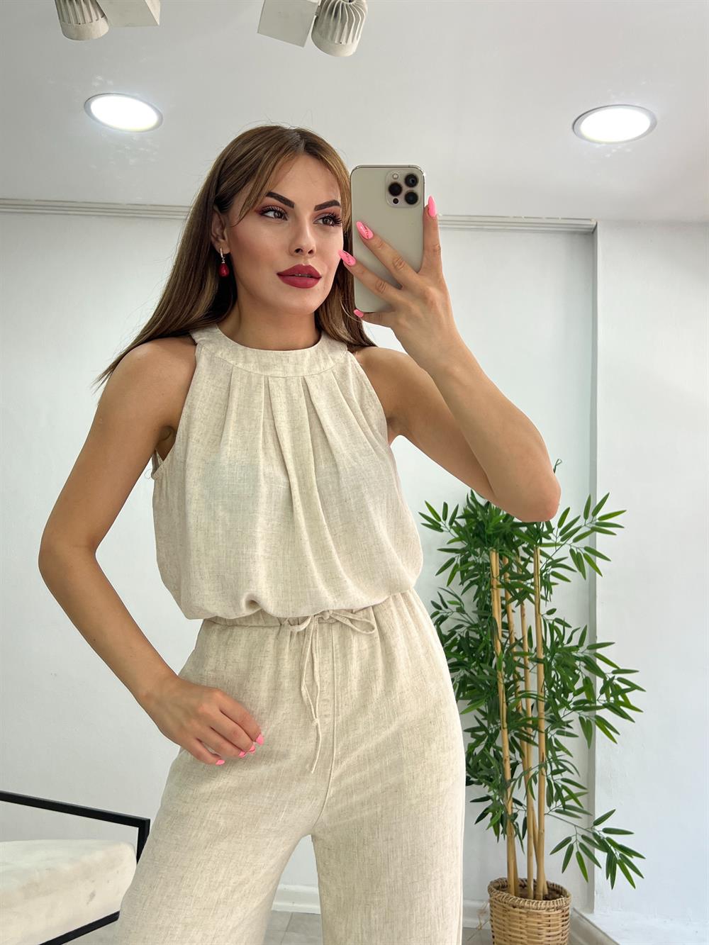 Önü Pi̇leli̇ Keten Bluz