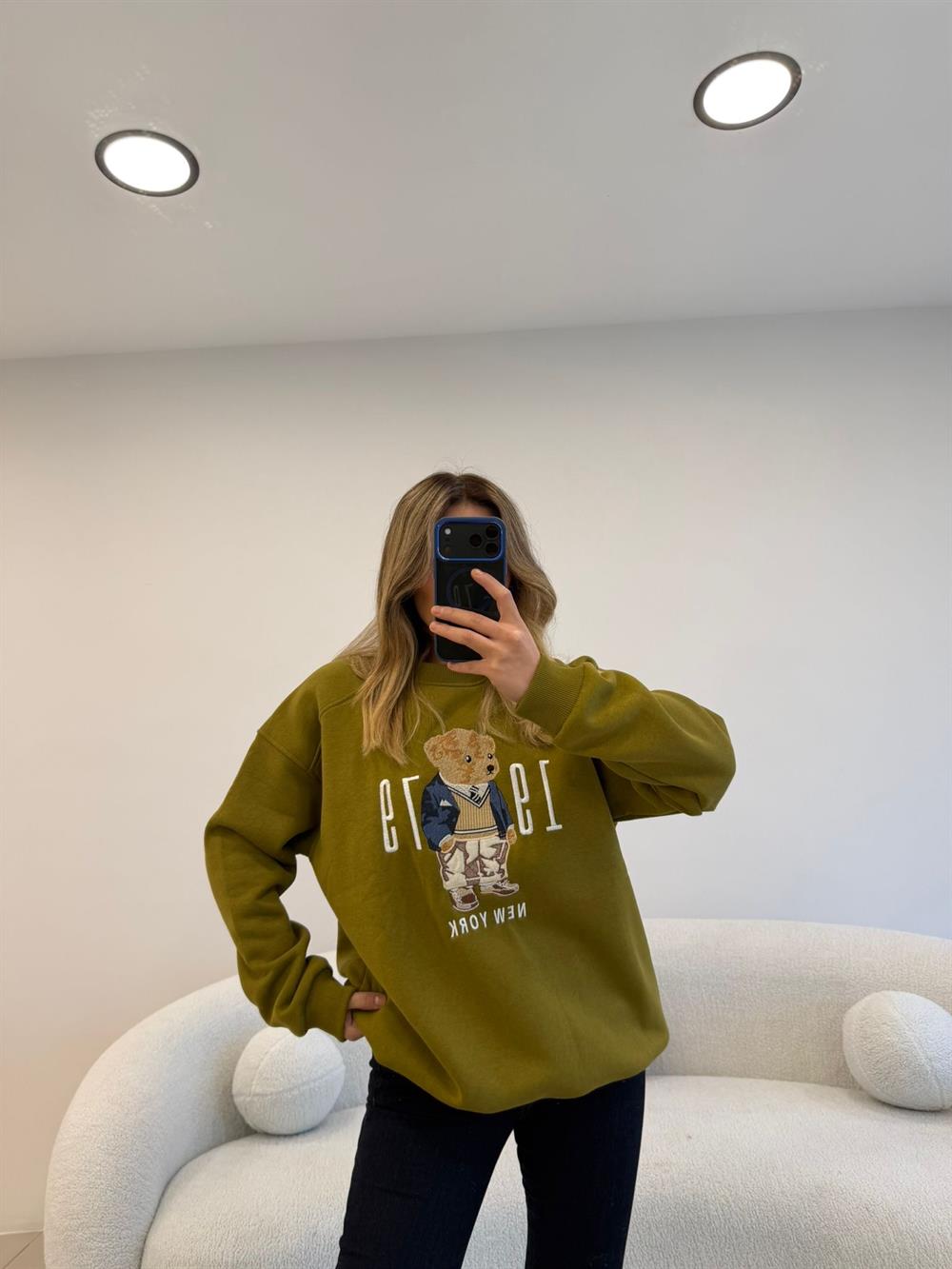 ÖNÜ RAKAM VE AYICIKLI ŞARDONLU  SWEAT YEŞİL