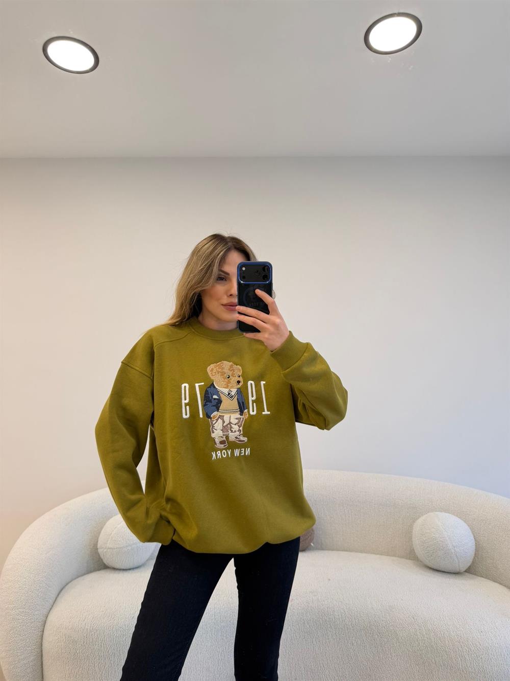 ÖNÜ RAKAM VE AYICIKLI ŞARDONLU  SWEAT YEŞİL