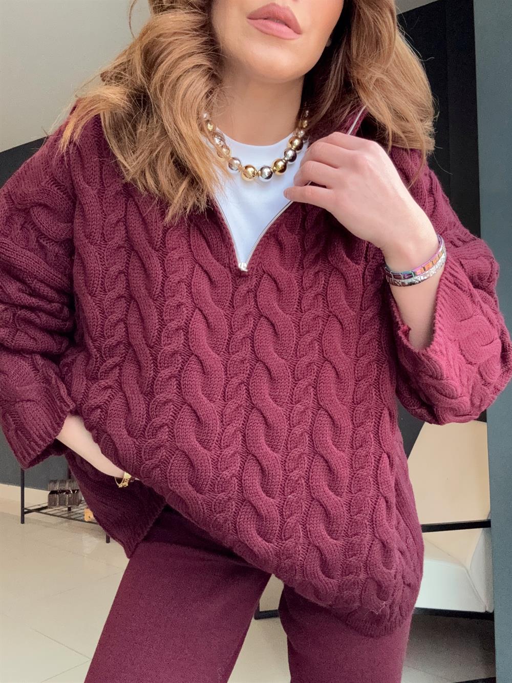 Örgülü Premi̇um Kazak Bordo