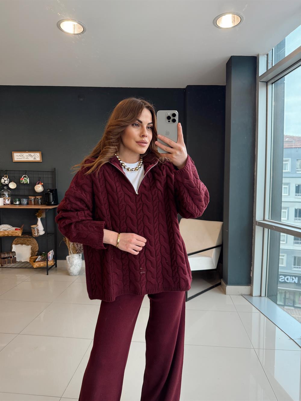 Örgülü Premi̇um Kazak Bordo