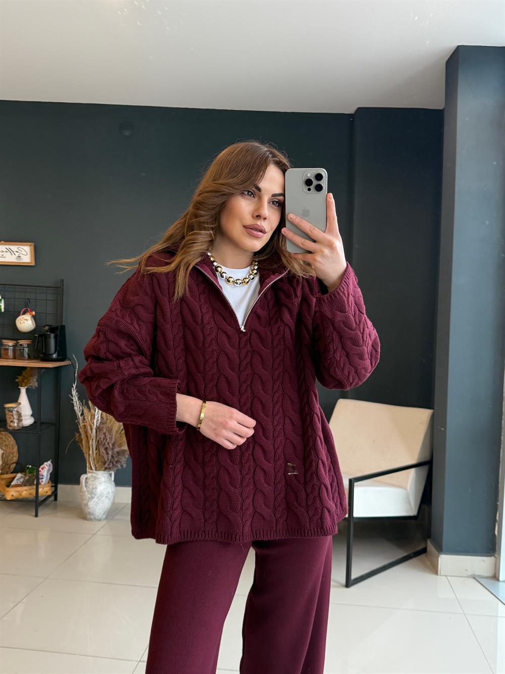 Örgülü Premi̇um Kazak Bordo